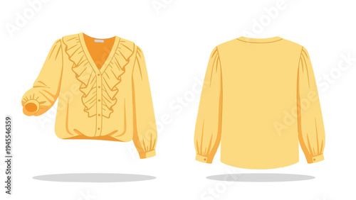 Stylish mustard hue women's blouse with intricate ruffles and gathered sleeves vector artwork