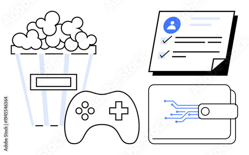 Popcorn bucket, game controller, user profile checklist, and digital wallet combine leisure, gaming, identity, and tech themes. Ideal for entertainment, gaming digital identity fintech online