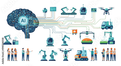 Flat 2D illustration of AI and automation replacing traditional jobs with various industrial and technological icons and people in orange vests interacting with machines.