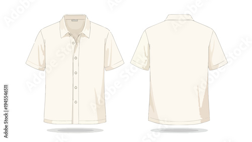 Vector illustration featuring a versatile cream short-sleeve button-up shirt design, showcasing both front and rear perspectives, perfect for