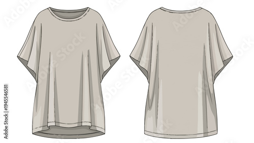 Clean technical illustration displaying a modern, light-colored, loose-fitting women's casual t-shirt, presented with clear front and back views for