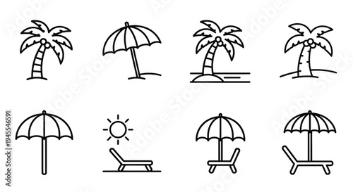 Vector graphic illustration of beach icons including palm trees and umbrellas with lounge chairs