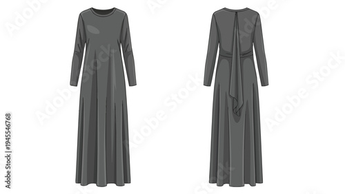 Versatile long-sleeve modest maxi dress design in dark gray front and back view fashion apparel illustration with draped back