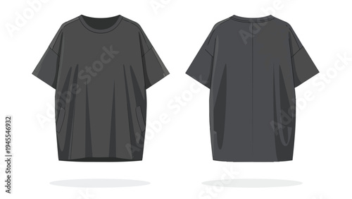 Vector flat lay of a blank dark grey oversized t-shirt, front and back views for design mockups. An essential apparel template for graphic designers.