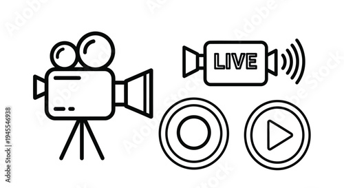 Vector graphic illustration of a video camera and playback controls for live streaming