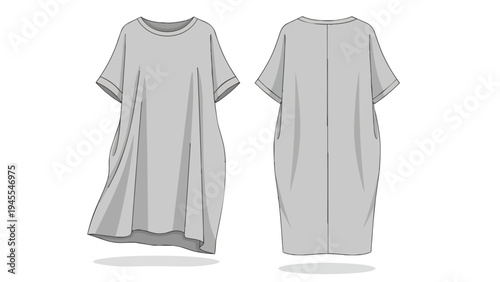 Technical illustration of a minimalist relaxed fit short-sleeve midi dress, front and back, for fashion design.