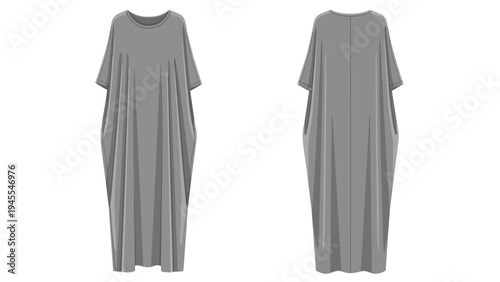 Comfortable and flowing grey maxi dress vector illustration showcasing front and rear views of relaxed fashion apparel, perfect for casual modern