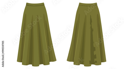 Elegant olive green full-length flowing skirt illustration, a versatile fashion piece suitable for various occasions.