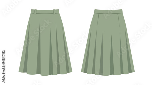 Elegant flat lay illustration of two sage green pleated skirts showcasing front and back views, ideal for fashion design and apparel concept