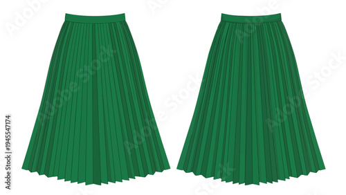 Dual illustration of elegant green pleated midi skirts for contemporary fashion projects