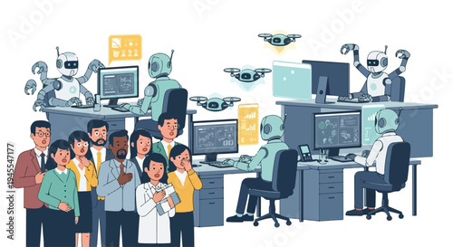 Flat 2D illustration of diverse office workers standing and sitting amidst AI robots at computer workstations, conveying automation and job replacement concept.