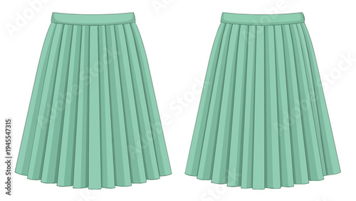 Chic mint green pleated midi skirt illustration, a meticulously rendered digital fashion design asset for apparel creation, pattern making, and