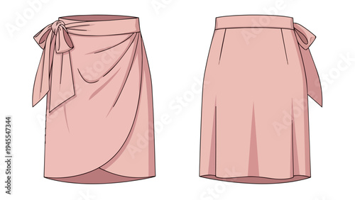 Elegant blush pink fashion illustration of a charming women's short wrap skirt featuring a stylish side bow detail front and back views perfect for