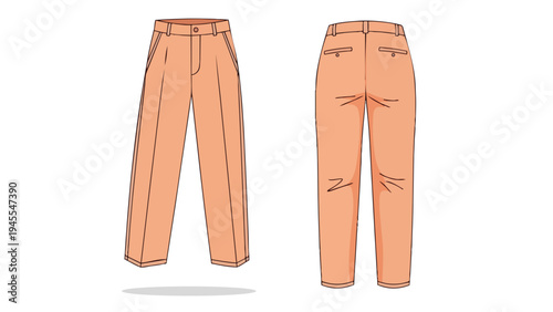 Technical flat vector illustration featuring front and back views of chic peach trousers perfect for fashion design garment construction and apparel