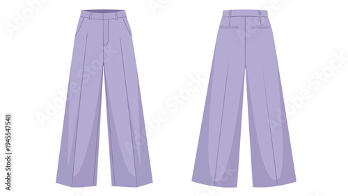 Elegant light purple wide-leg trousers, front and back views, showcasing contemporary fashion design and relaxed style, perfect for casual or