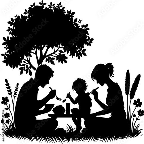Silhouette illustration of families couples and elderly people relaxing and playing in a park cafe garden setting with trees tables chairs coffee music and children on the grass