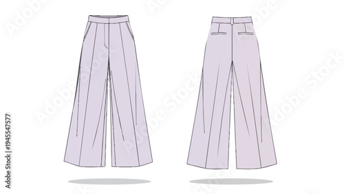 Modern minimalist wide-leg trousers flat sketch showcasing precise front and back technical apparel design illustration for fashion pattern making