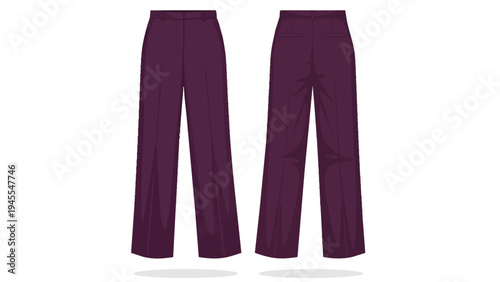 Detailed front and back vector illustration of stylish plum purple wide-leg women's trousers perfect for fashion design templates and apparel mockups