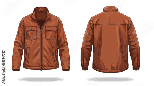 Detailed vector illustration showcasing a versatile brown casual jacket, presenting both its distinct front zippered design with multiple pockets