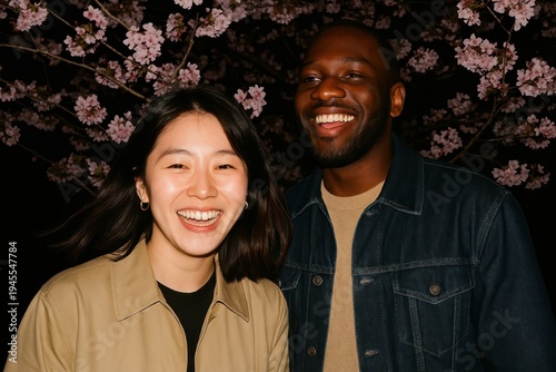 Joyful friends under cherry blossoms.
