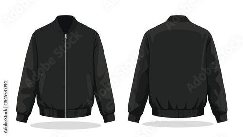 Versatile black bomber jacket vector illustration, featuring detailed front and back views for fashion mockups, product presentations, and apparel