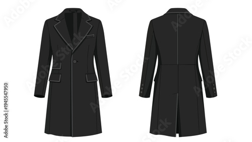 Classic dark overcoat design, front and back views. A versatile menswear garment for formal elegance, stylish layering, and modern fashion. Ideal