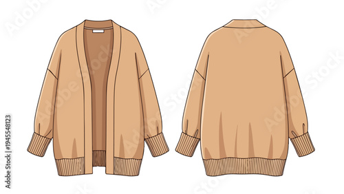 Fashion illustration of a loose-fitting camel knit cardigan in a relaxed style offering versatile layering options for contemporary casual apparel