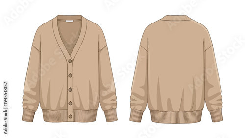 Detailed flat sketch of a versatile beige V-neck cardigan, displaying both front and back views. This timeless button-up garment embodies relaxed