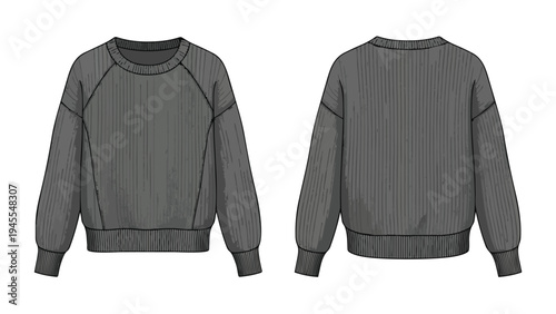 Essential gray long-sleeve sweater fashion flat sketch technical drawing showcasing front and back views for apparel design and textile development
