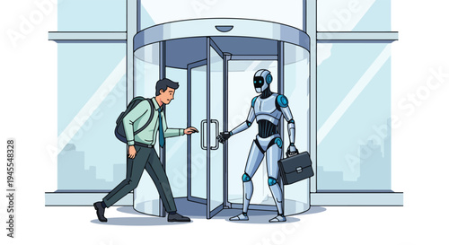 Flat 2D illustration of a businessman and robot exiting a revolving door with a concept related to AI and unemployment in a modern office setting.