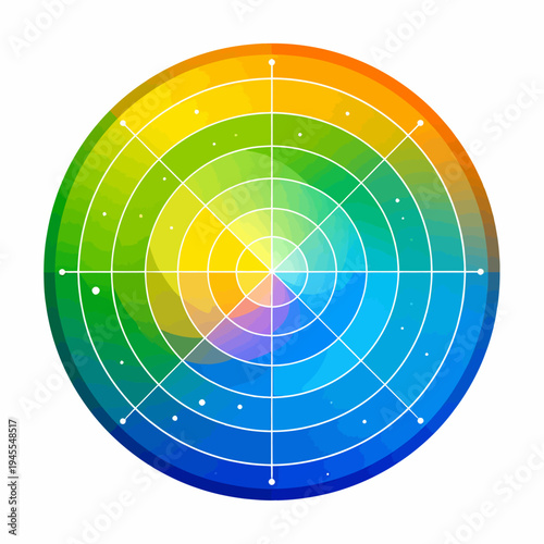 Displaying a circular color wheel illustration on a clean white canvas, viewed from a centered perspective, showcasing smooth transitions of primary and secondary hues for designers and artists