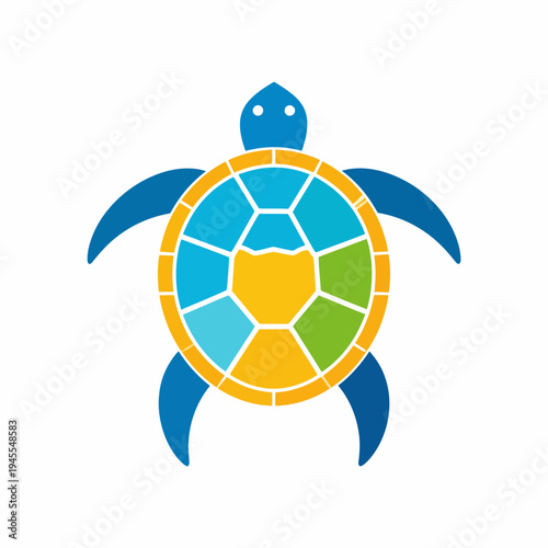Centered forward-facing turtle logo illustration displayed on a clean white canvas, showcasing blue body, colorful mosaic shell, and ocean-inspired design from a frontal viewpoint