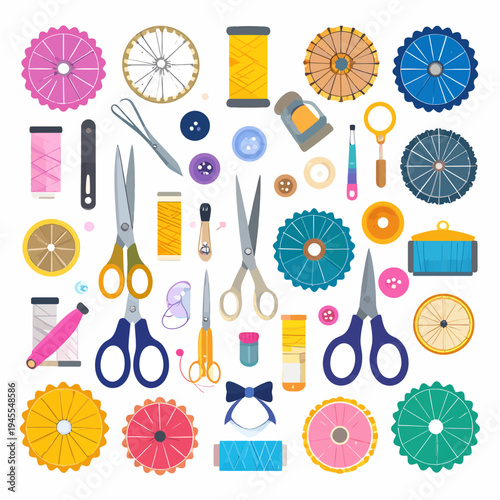 Overhead flat‑lay of vibrant sewing supplies—threads, scissors, needles, buttons, pins—arranged on a white surface, highlighting colorful creativity and organized craft tools
