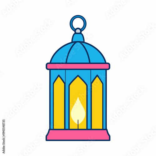 Cheerful illustration of a lantern being lit, showing blue dome, pink accents, yellow panels, and white flame, captured from a front perspective on a clean white backdrop