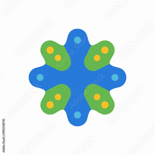 Educational flat-illustration showing a blue cell-like organelle with six green protrusions, resembling a flower, viewed from a top-down perspective, suitable for biology textbooks