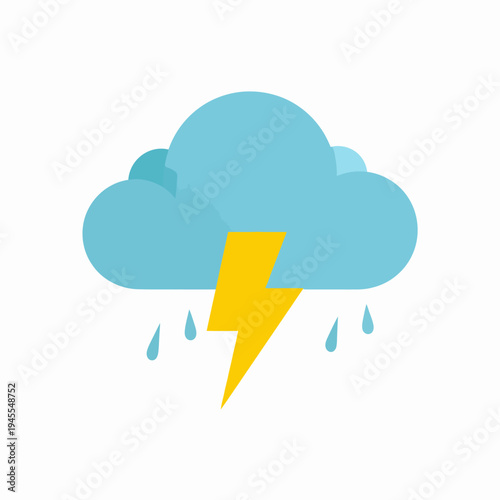 Flat vector illustration of a thunderstorm showing a light blue cloud with rounded top, flat bottom and side clouds, yellow lightning bolt, and three blue raindrops below, as a weather icon