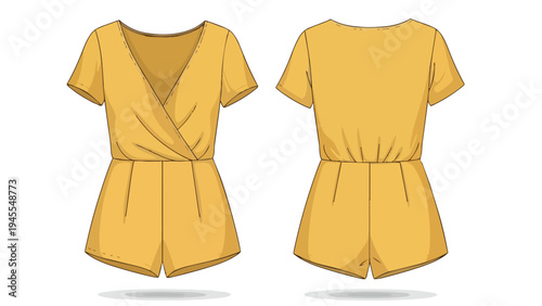 Vibrant yellow short romper fashion flat sketch presenting front and back views with v-neck design and comfortable elasticized waistline
