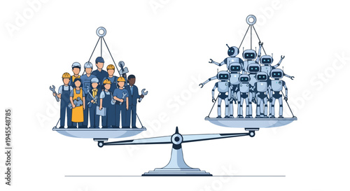 Flat 2D illustration of a scale balancing a group of people against multiple AI robots on a white background, conveying a concept of unemployment and technological impact.