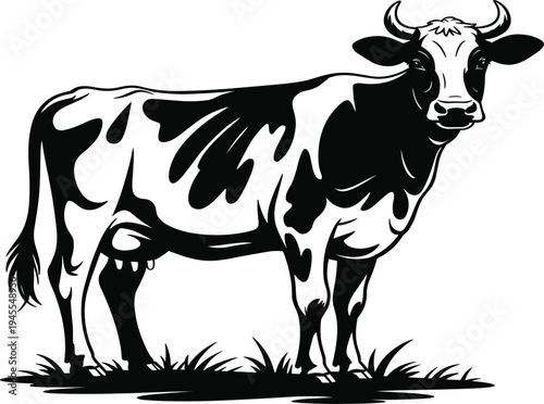 Dairy cow vector illustration on grass, black and white spotted cattle for farm and agriculture design