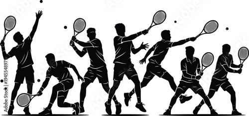 Tennis player silhouettes collection, athletes serving hitting forehand backhand action poses sports training competition vector illustration isolated on white background