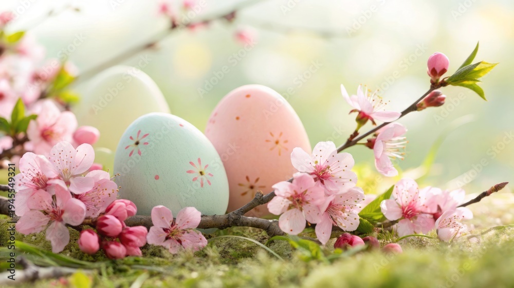 Fototapeta premium Elegant Pastel Easter Eggs Surrounded by Blossoming Cherry Flowers in Soft Focus Background