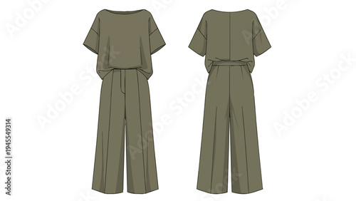 Stylish olive green apparel concept, a two-piece set featuring a loose boat neck short-sleeve top and wide-leg trousers with elegant front slit
