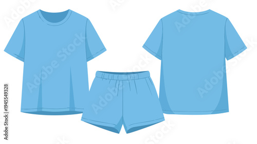 Light blue casual t-shirt and shorts set, front and back views. Ideal for loungewear and sleepwear design