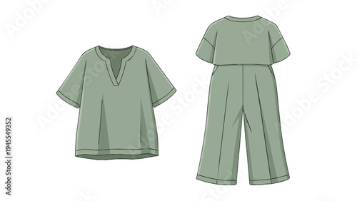 Fashionable sage green relaxed-fit two-piece clothing set illustration with V-neck top and wide-leg pants design