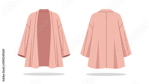 This image showcases a minimalist flat vector illustration of a women's flowing peach-hued open cardigan from both front and rear perspectives for