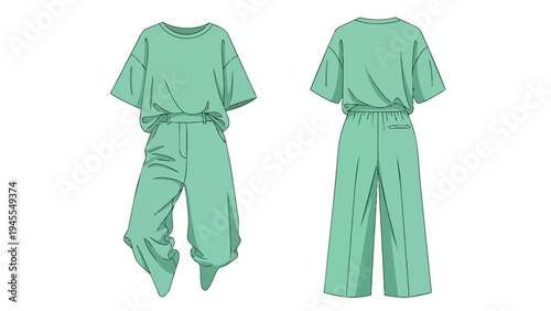 Front and back technical flat sketch depicting a contemporary loose-fit mint green leisurewear ensemble with a comfortable relaxed silhouette