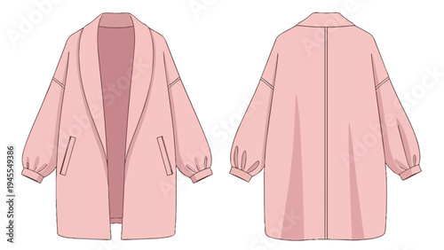 Fashion flat sketch of a relaxed fit women's trench coat in soft pink color with wide lapels and roomy sleeves