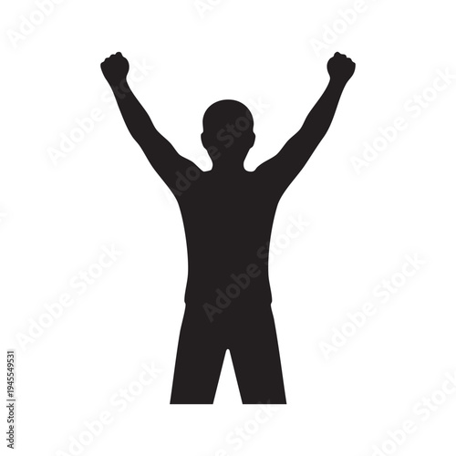 Silhouette of a person with arms raised in victory celebration or success a symbol of achievement and triumph shown in bold black outline against a clean white background creating a powerful visual