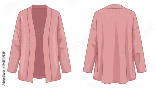 Pink open front cardigan flat sketch, front and back views for modern fashion design and apparel illustration, women's casual outerwear drawing