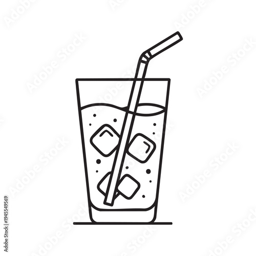 Simple Vector Line Art Icon of a Tall Glass Filled With Refreshing Ice Cold Beverage and a Straw for Sipping Cool Drinks and Thirst Quenching Liquids Enjoying Summer Refreshment